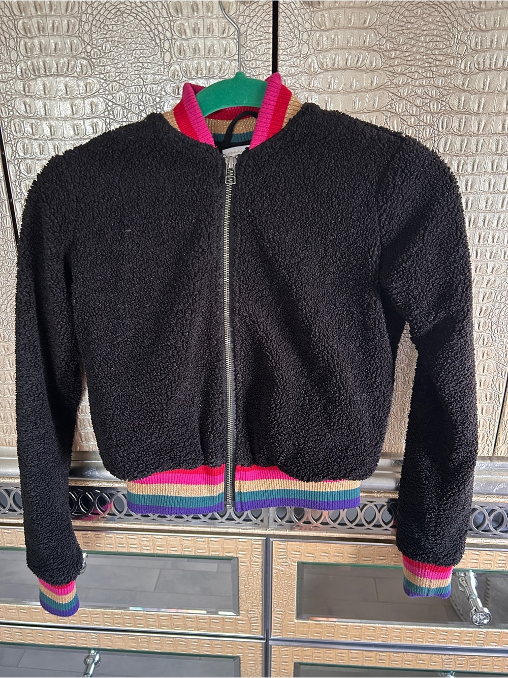 Girl’s / kids Black Sherpa Bomber Jacket with Rainbow Trim